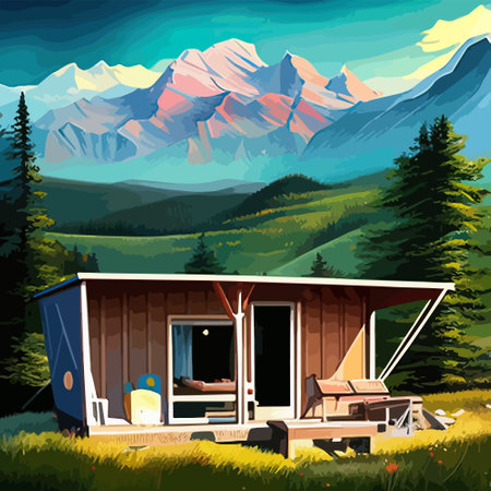 camping with mountain and sunset, sunrise, outdoor recreation concept at one with nature, vector illustration. Vector illustrationのイラスト素材
