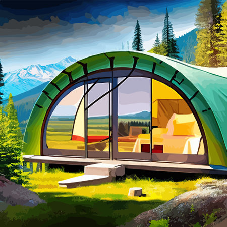 Sunny day landscape illustration in flat style with tent, m forest Background for summer camp, nature tourism, camping or hiking design concept. vector illustration. Vector illustrationのイラスト素材