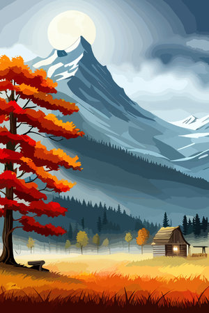 Vertical Autumn Landscape Forest Blue Cloud Sky against the background of hills and mountains yellow trees, vector illustration. Vector illustrationのイラスト素材