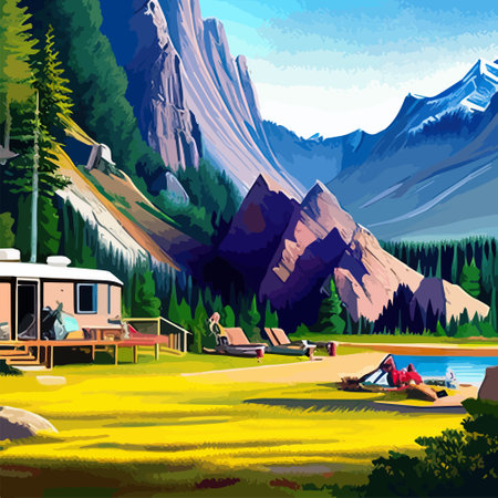 Sunny day landscape illustration in flat style with tent, m forest Background for summer camp, nature tourism, camping or hiking design concept. vector illustration. Vector illustrationのイラスト素材