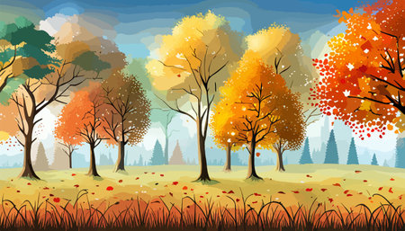 banner Autumn Landscape Forest Blue Cloud Sky on the background of hills and mountains yellow trees, vector illustration. Vector illustrationのイラスト素材