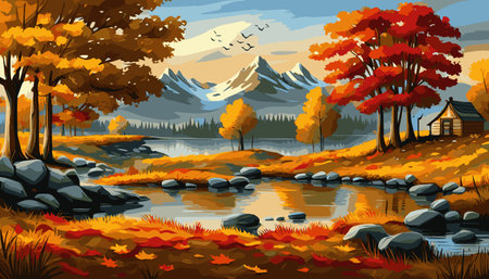 banner forest A river in the mountains with a mountain in the background autumn landscape with yellow trees vector illustration. Vector illustrationのイラスト素材
