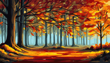 banner Autumn Landscape Forest Blue Cloud Sky on the background of hills and mountains yellow trees, vector illustration. Vector illustrationのイラスト素材