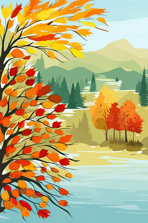autumn in the forest, park, river stream, fall leaves color on the background of mountains, watercolor vector illustration vertical. Vector illustrationのイラスト素材