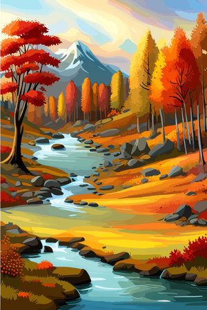 A river in the autumn forest with mountains in the background, seasonal landscape, vector illustration vertical. Vector illustrationのイラスト素材