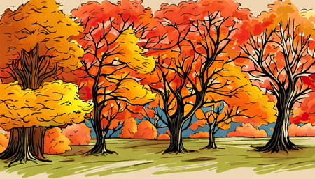 banner Autumn Landscape Forest Blue Cloud Sky on the background of hills and mountains yellow trees, vector illustration. Vector illustrationのイラスト素材