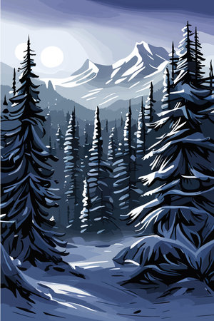 vertical Snowfall in winter forest on the background of mountains vector illustration. Vector illustrationのイラスト素材