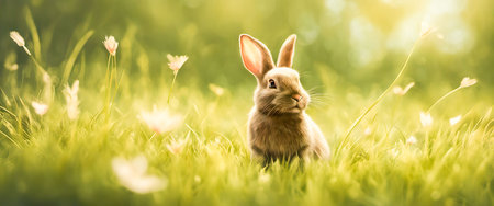 Adorable rabbit sitting on grass with natural bokeh in backdrop. Cute baby bunny frolicking in the yardの素材