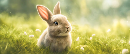 A small rabbit sitting in a field on green grassの素材
