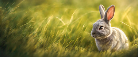 Banner Little rabbit on green grass in summer sunny day.の素材