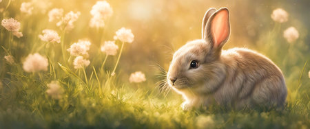Cute baby rabbit on a green lawn sunshine.の素材