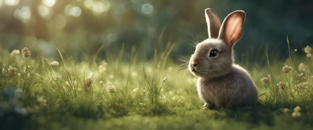 Banner fluffy bunny in a green garden on a sunny day Easter animals backgroundの素材