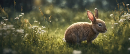 Banner fluffy bunny in a green garden on a sunny day Easter animals backgroundの素材