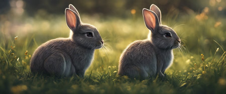 Cute adorable fluffy rabbit sitting on green grass lawn at backyard. Small sweet bunny walking by meadow in green garden on bright sunny day. Easter nature and animal bokeh backgroundの素材
