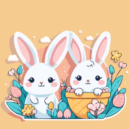 Easter bunny with colored eggs and flower on background, vector illustrationのイラスト素材
