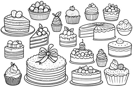 Vector sketch icons illustration set desserts and bakery products. Vintage style drawing isolated on white background.のイラスト素材