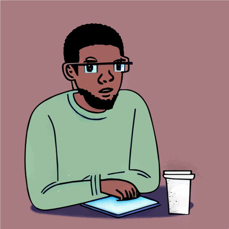 Black leather male freelancer works in cafe. Young man is sitting at table and using a laptop for a chat or an online meeting. An independent guy in a comfortable coworking space. Vector illustrationのイラスト素材