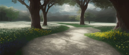 Forest cartoon backgrounds, natural landscape with deciduous trees, moss and grass, bushes and sun spots on the ground. Landscape summer or spring landscape natural scene, vector illustrationのイラスト素材