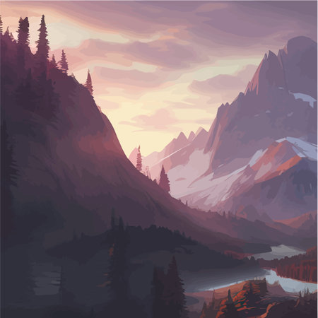 Mountains and lake Landscape. Cartoon rocky mountains, forest and river scene. Wild nature summer panorama. Hiking adventure vector concept. Illustration of forest lake sky with cloudsのイラスト素材