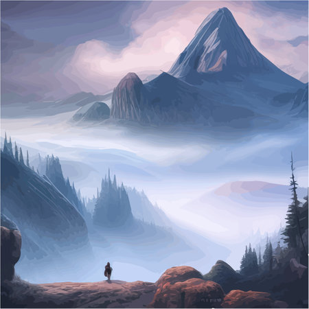 Forest and mountains river landscape vector. Foggy cloudy day vector illustration. Summer season alpine wildlife with scenic viewのイラスト素材