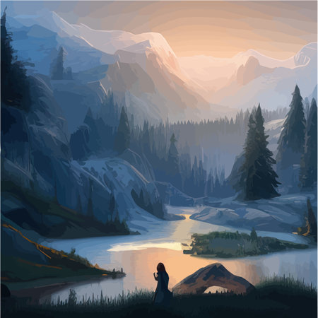 Mountains and lake Landscape. Cartoon rocky mountains, forest and river scene. Wild nature summer panorama. Hiking adventure vector concept. Illustration of forest lake sky with cloudsのイラスト素材