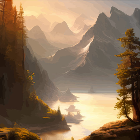 Original beauty spring landscape, forests snowy sharp mountains and rivers on the canvas foggy sky with clouds in the morning dawn. Wildlife vector illustration, for poster and wallpaper layoutsのイラスト素材
