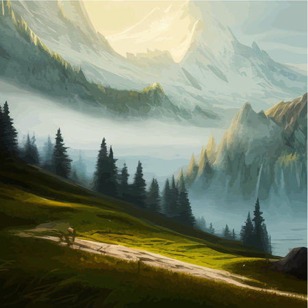 Original beauty spring landscape, forests snowy sharp mountains and rivers on the canvas foggy sky with clouds in the morning dawn. Wildlife vector illustration, for poster and wallpaper layoutsのイラスト素材