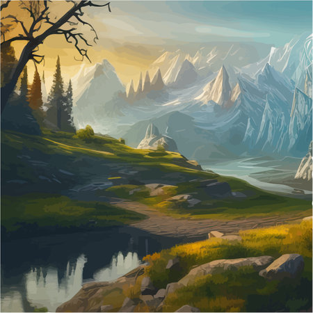 Forest and mountains river landscape vector. Foggy cloudy day vector illustration. Summer season alpine wildlife with scenic viewのイラスト素材