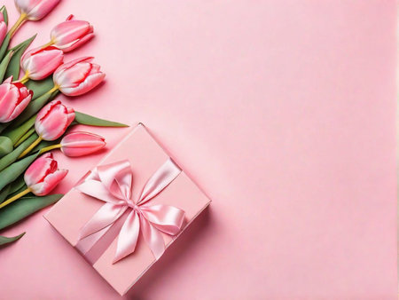 Gift box tulip flower top view copy space pink background greeting cardの素材