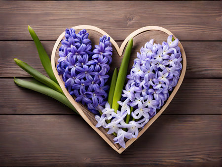 March eight Womens Day card from spring hyacinth flowers heart. Minimal greeting card for International Women Day on blue backgroundの素材