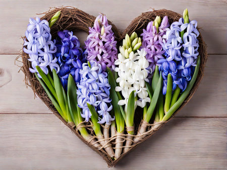 March eight Womens Day card from spring hyacinth flowers heart. Minimal greeting card for International Women Day on blue backgroundの素材