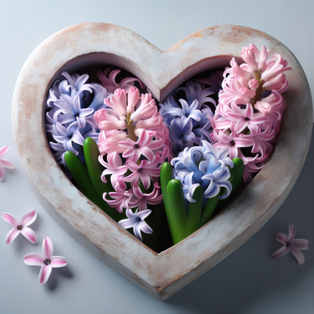 March eight Womens Day card from spring hyacinth flowers heart. Minimal greeting card for International Women Day on blue backgroundの素材