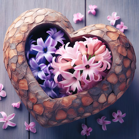 March eight Womens Day card from spring hyacinth flowers heart. Minimal greeting card for International Women Day on blue backgroundの素材