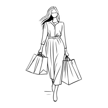Hand drawn beautiful woman with shopping bags. Black and white sketch. Fashion illustration.のイラスト素材