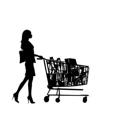 Shopping In Style Vector Silhouette, woman with shopping cart on white backgroundのイラスト素材
