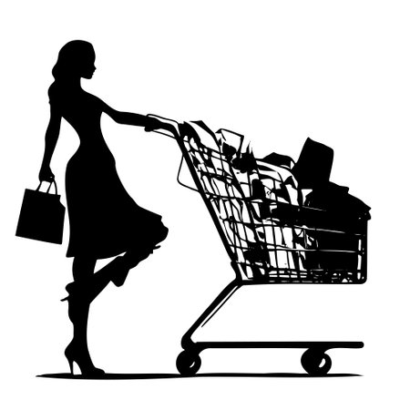 Shopping In Style Vector Silhouette, woman with shopping cart on white backgroundのイラスト素材