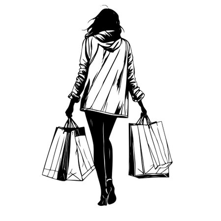 Sketch fashion girl. Stylish woman in fashion clothes with packages in her hands, shopping and sales concept. Hand drawn girl.のイラスト素材