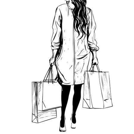 Sketch fashion girl. Stylish woman in fashion clothes with packages in her hands, shopping and sales concept. Hand drawn girl.のイラスト素材