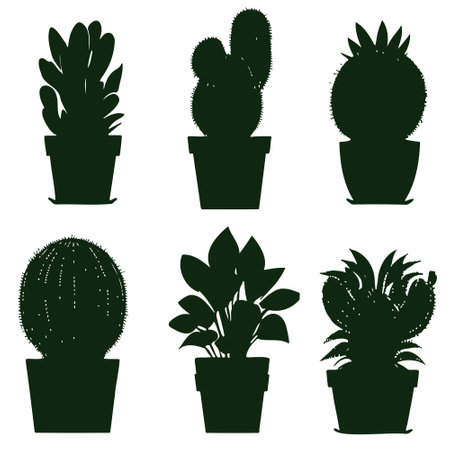 Set different potted houseplants silhouettes. Indoor flowers or plants in flower pots flat vector illustrations collectionのイラスト素材