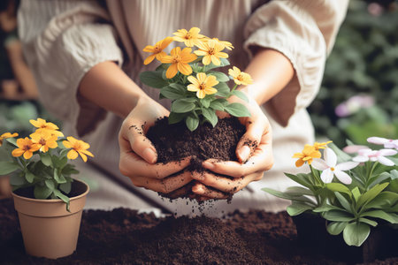 Gardener woman planting flowers in the garden at sunny morningの素材