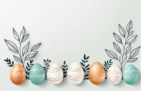 Flowers easter and eggs colored background banner minimalist sketches.の素材