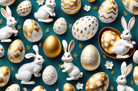 Gold Easter eggs with flowers with cute bunnies in the background.の素材
