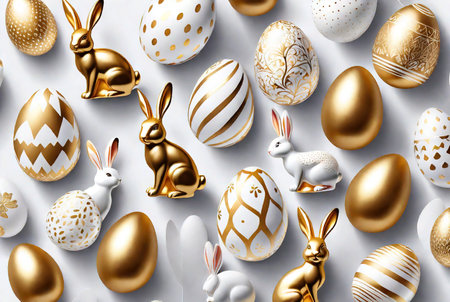 Gold Easter eggs with flowers with cute bunnies in the background.の素材