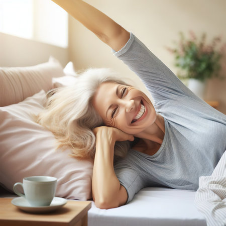 happy mature woman doing pull-ups after waking up in bed.の素材