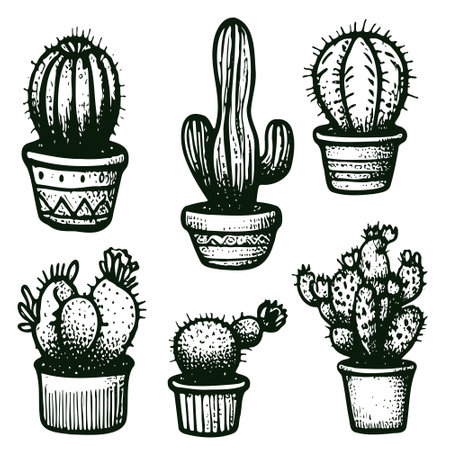 Collection of isolated outline black vector cactus and succulents elements.のイラスト素材
