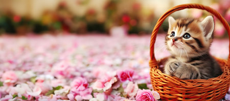 Cute little kitten in a basket in a garden near flowers.の素材