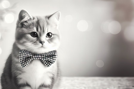 Small fluffy kitten with bow on festive background, concept holidays and congratulations on the spring holidays, universal cardの素材