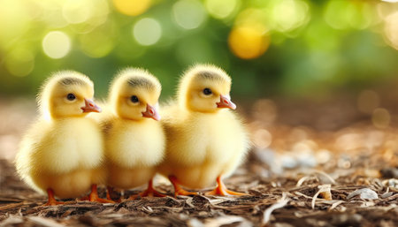 Little cute ducklings on green grass, image with shallow depth of field, spring sun, concept of spring holidays and nature protectionの素材