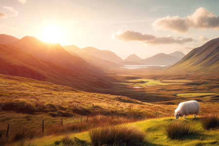 Young sheep grazes in meadow in spring against backdrop mountains and the setting sunの素材