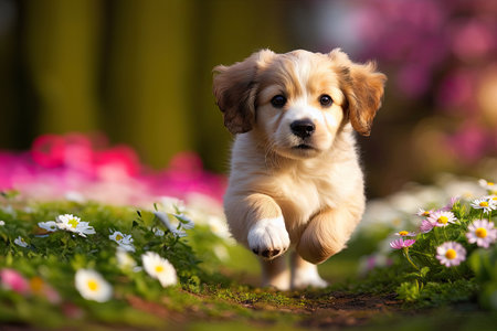Banner with cute small puppy running outdoor in spring field with flowers. Happy smiling dog. Funny pet.の素材